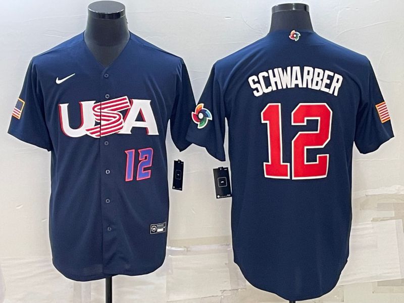 Men 2023 World Cub USA #12 Schwarber Blue Nike MLB Jersey3